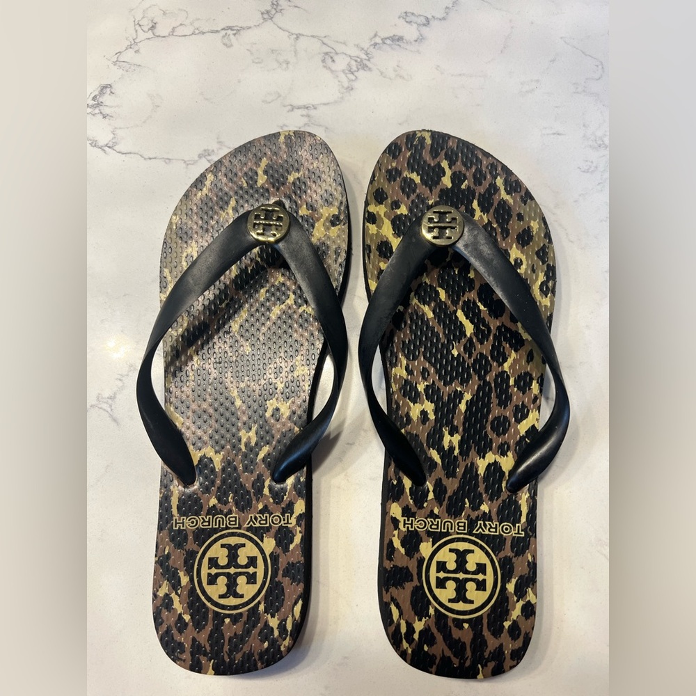 Tory Burch Animal Print Sandals with Black Straps